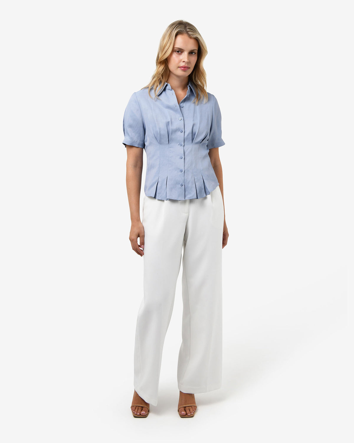Paige Short Sleeve Blouse in dusk blue — full-length view