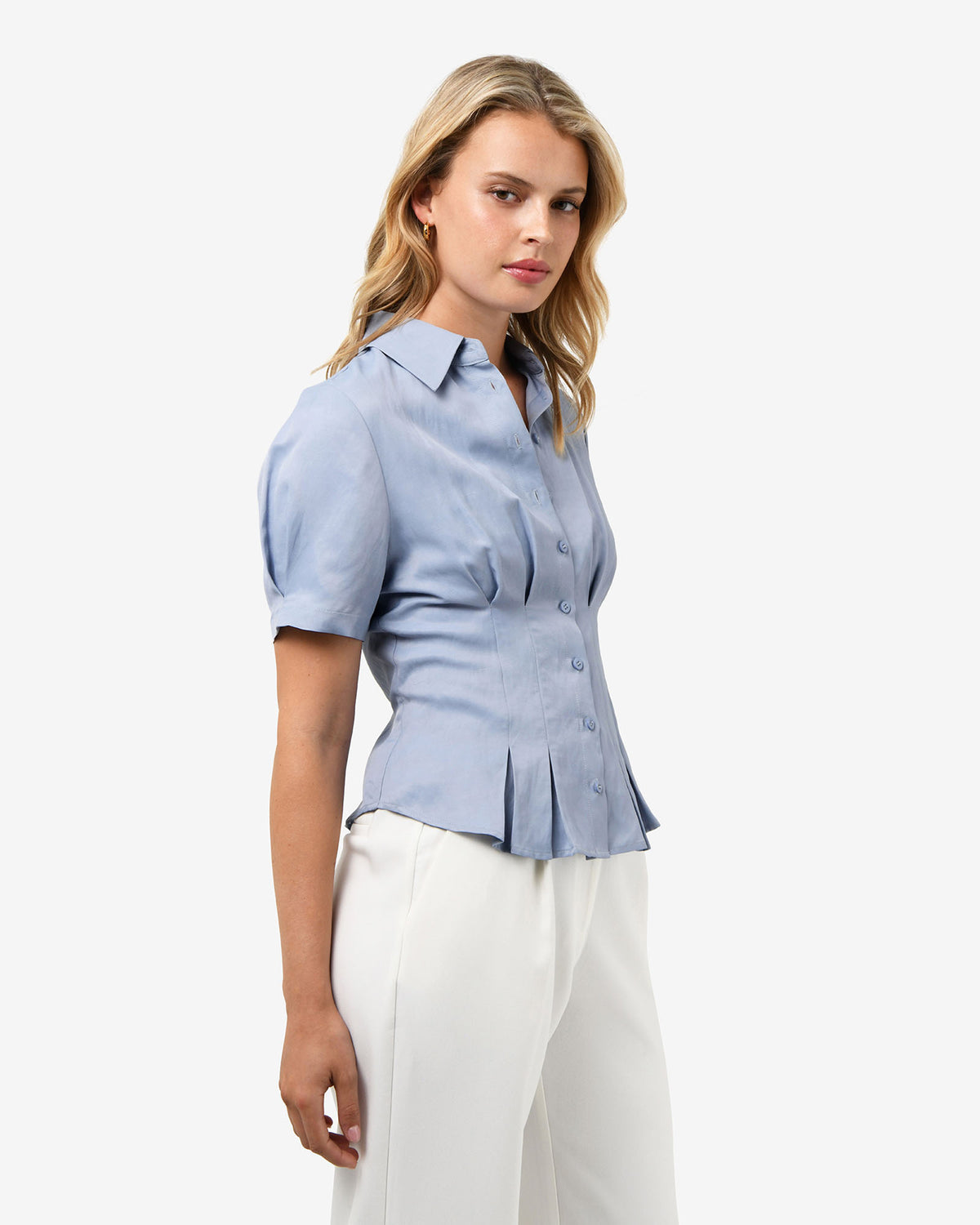 Paige Short Sleeve Blouse in dusk blue — side view