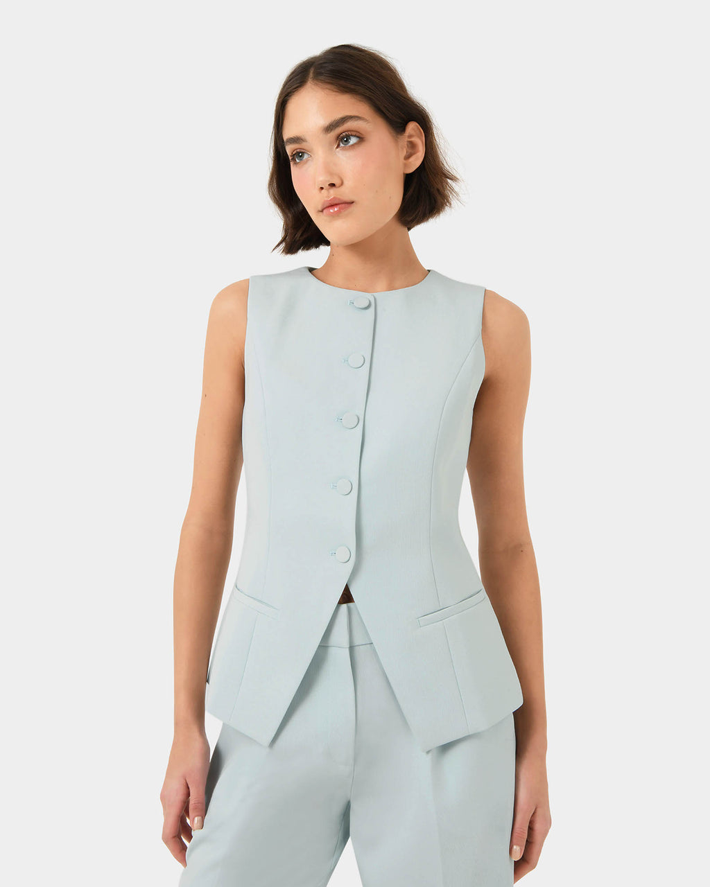 Sofia Longline Vest in baby blue — close-up view