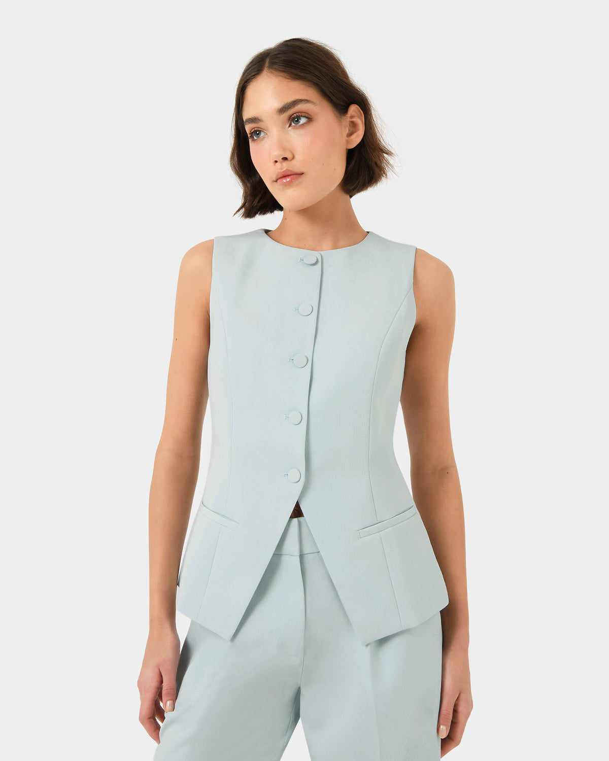 Sofia Longline Vest in baby blue — close-up view