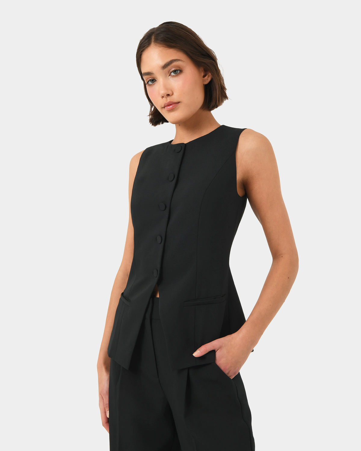Sofia Longline Vest in black — side view 2