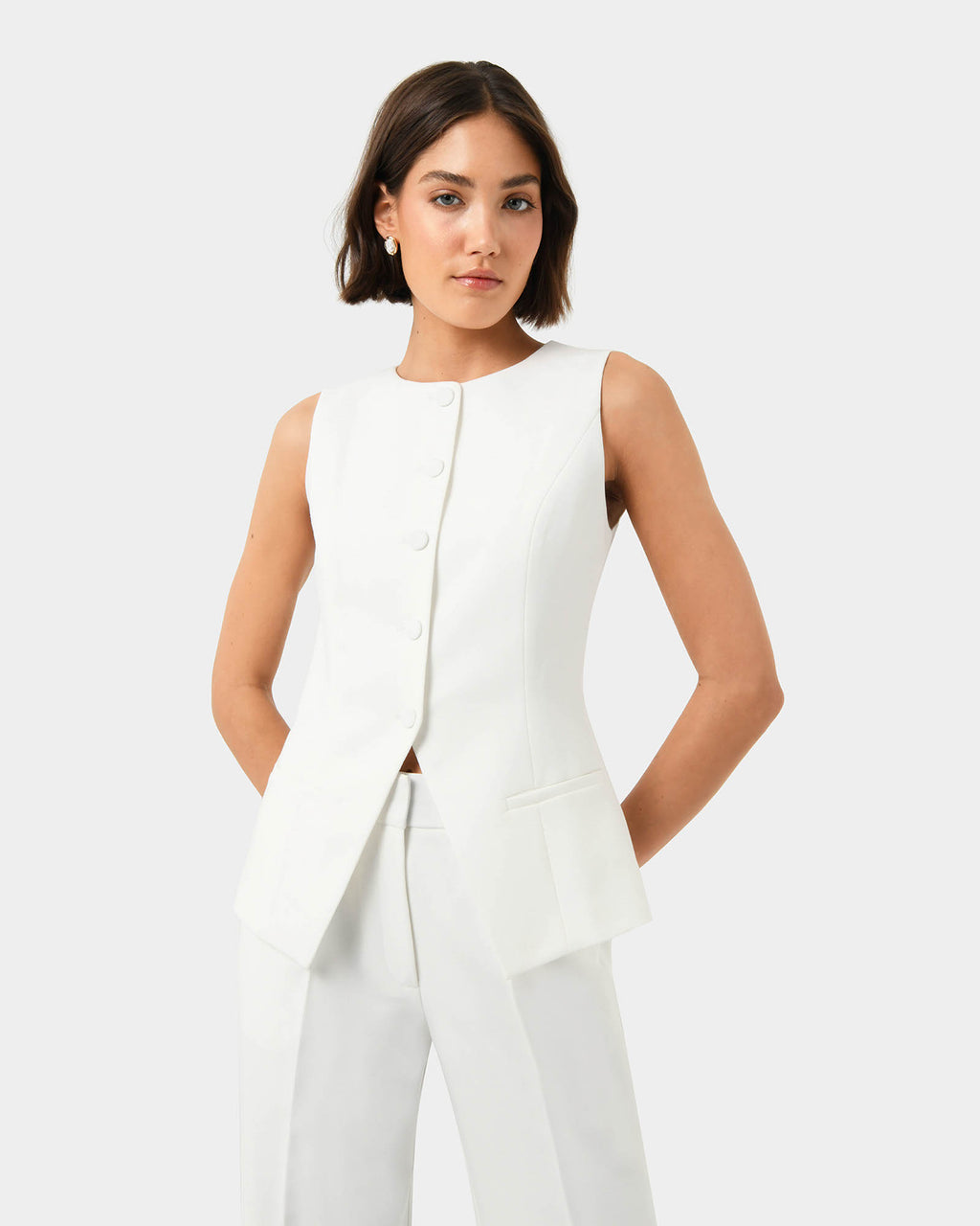Sofia Longline Vest in ivory — close-up view