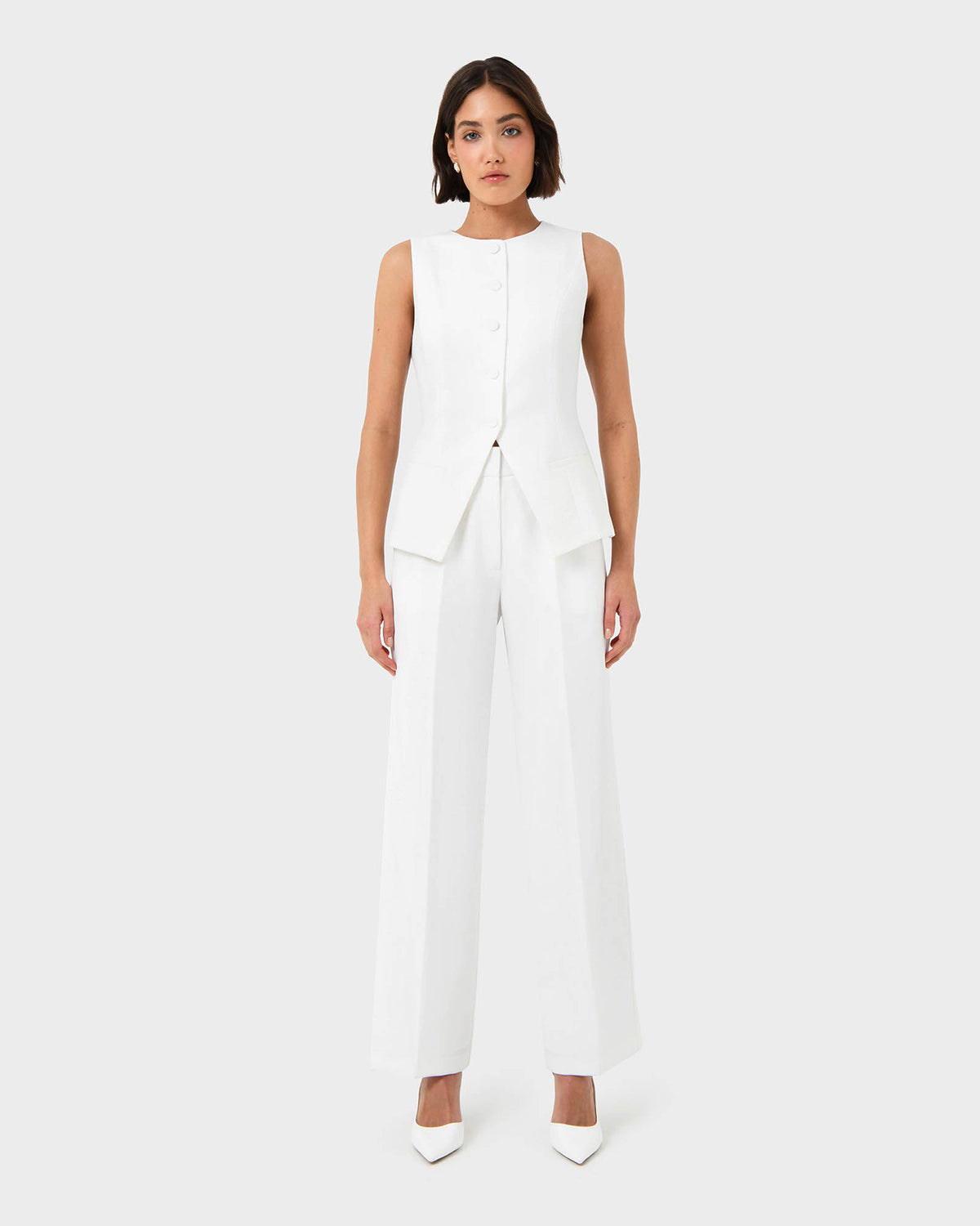 Sofia Longline Vest in ivory — full-length view