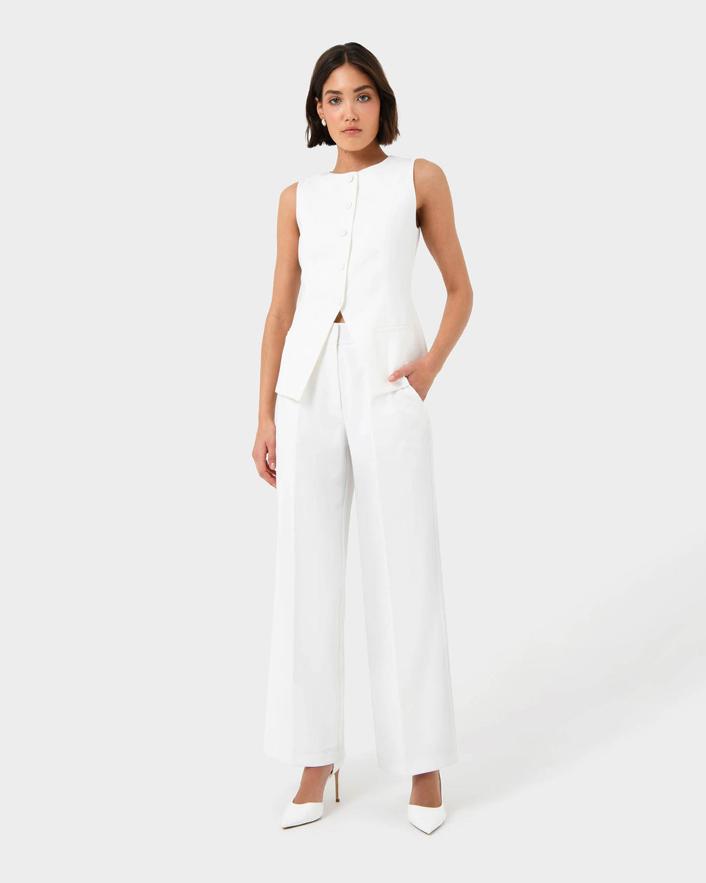 Sofia Longline Vest in ivory — full-length view 2