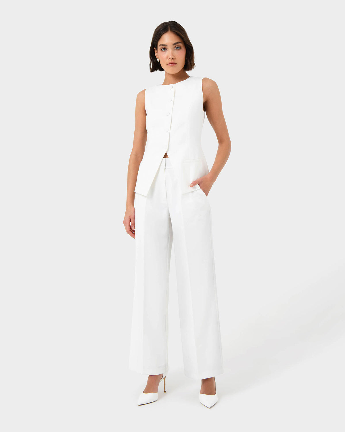 Sofia Longline Vest in ivory — full-length view 2