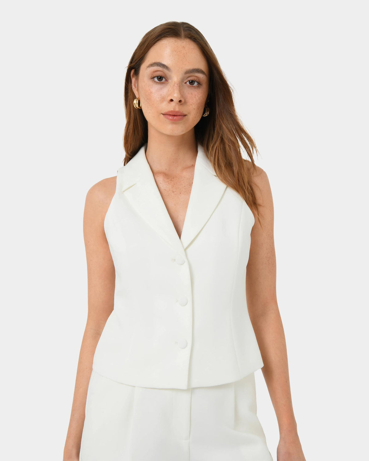 Nikki Tailored Vest in ivory — close-up view