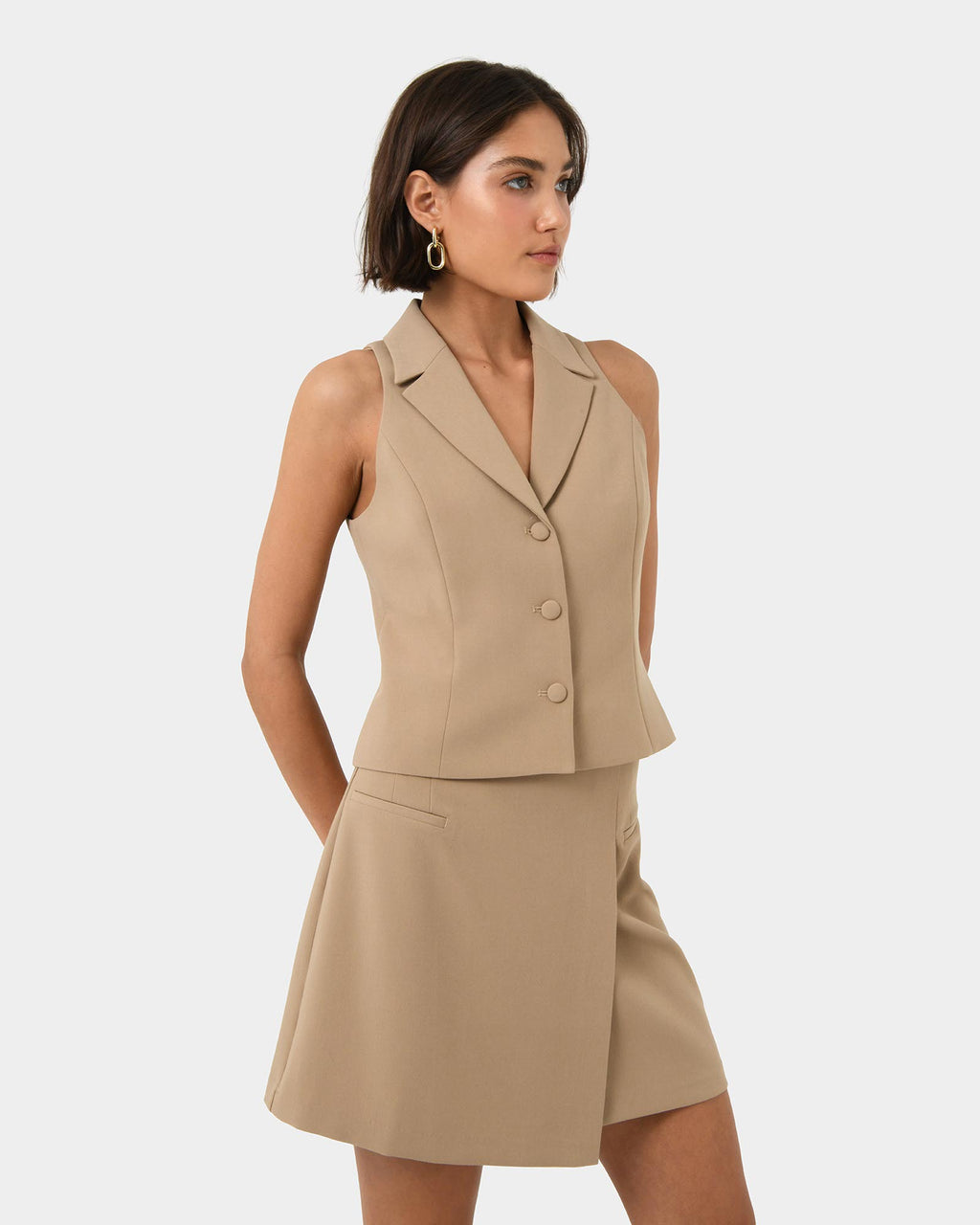 Nikki Tailored Vest in warm taupe — close-up view