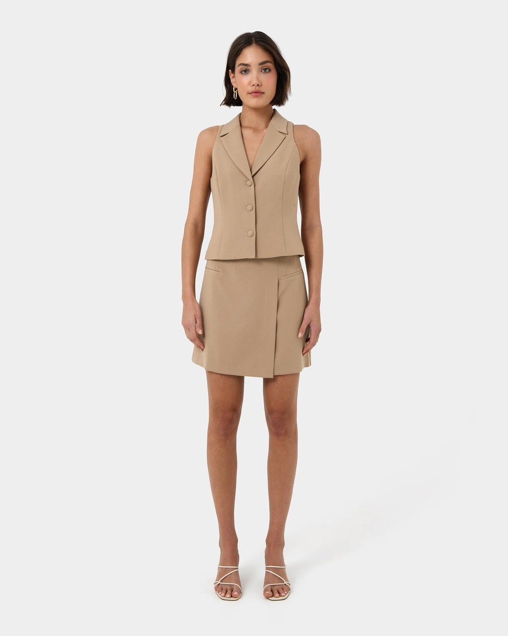 Nikki Tailored Vest in warm taupe — full-length view