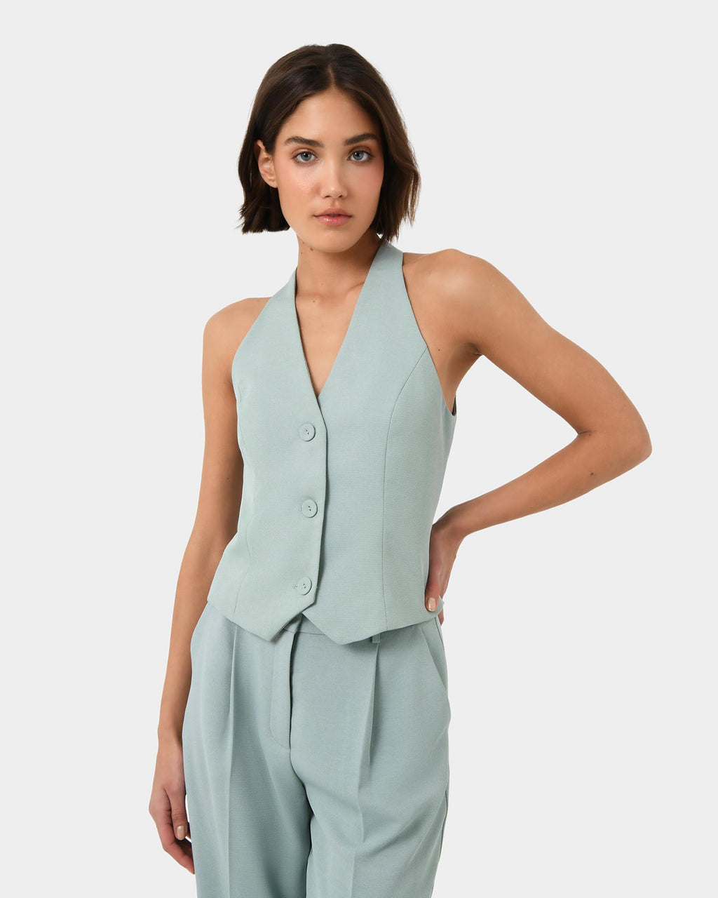 Lexee Tailored Vest in sage — close-up view