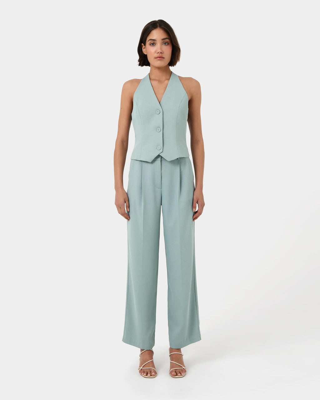 Lexee Tailored Vest in sage — full-length view