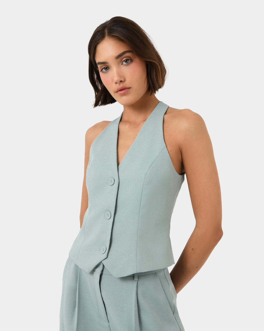 Lexee Tailored Vest in sage — side view