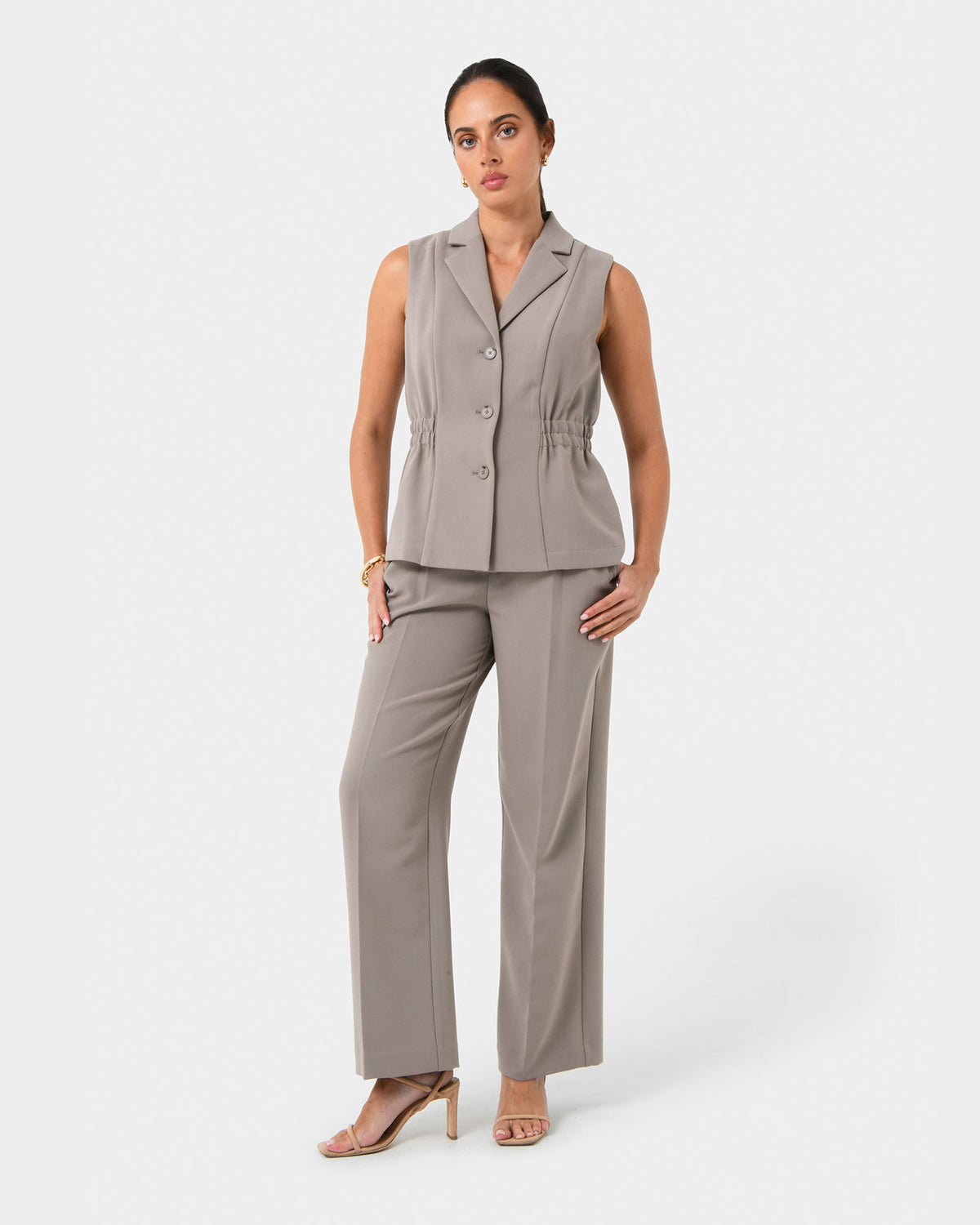 Jordy Longline Vest in stone — full-length view
