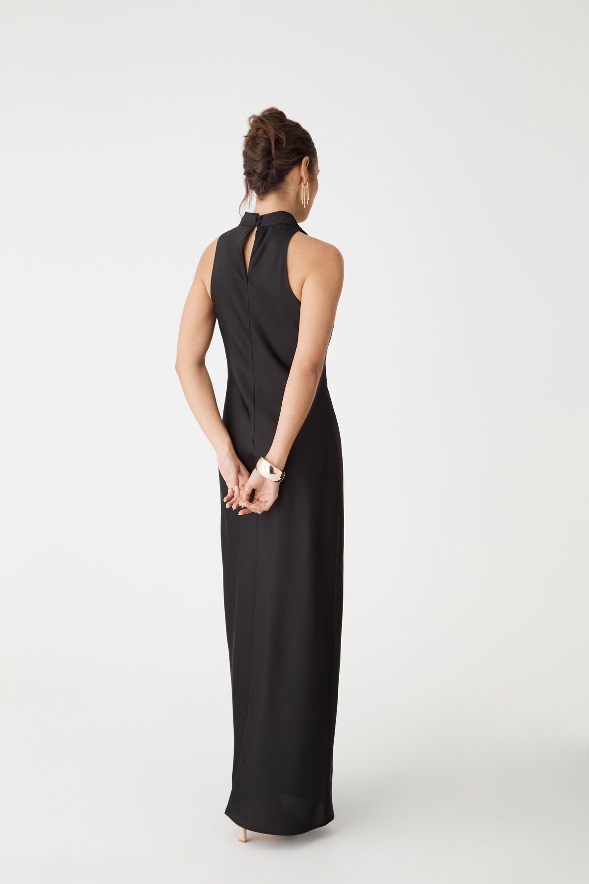 Delilah Bias Satin Dress in black — back view