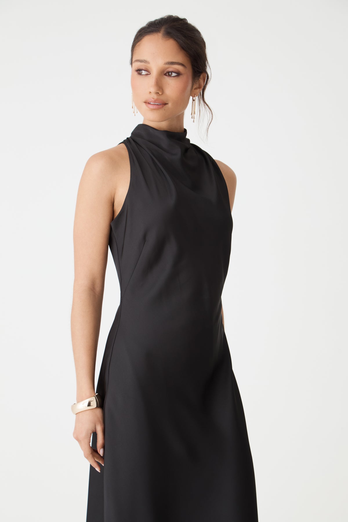 Delilah Bias Satin Dress in black — fabric detail