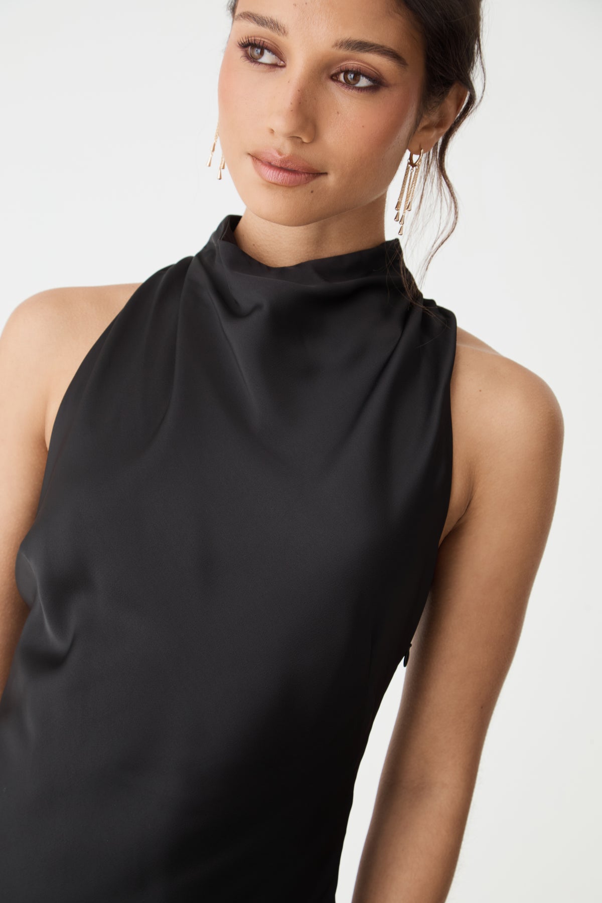 Delilah Bias Satin Dress in black — fabric detail 2