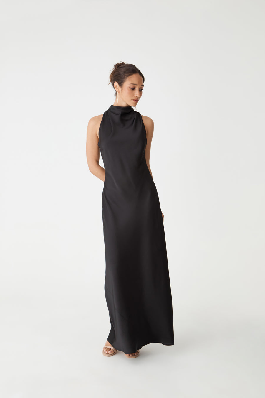 Delilah Bias Satin Dress in black — full-length view