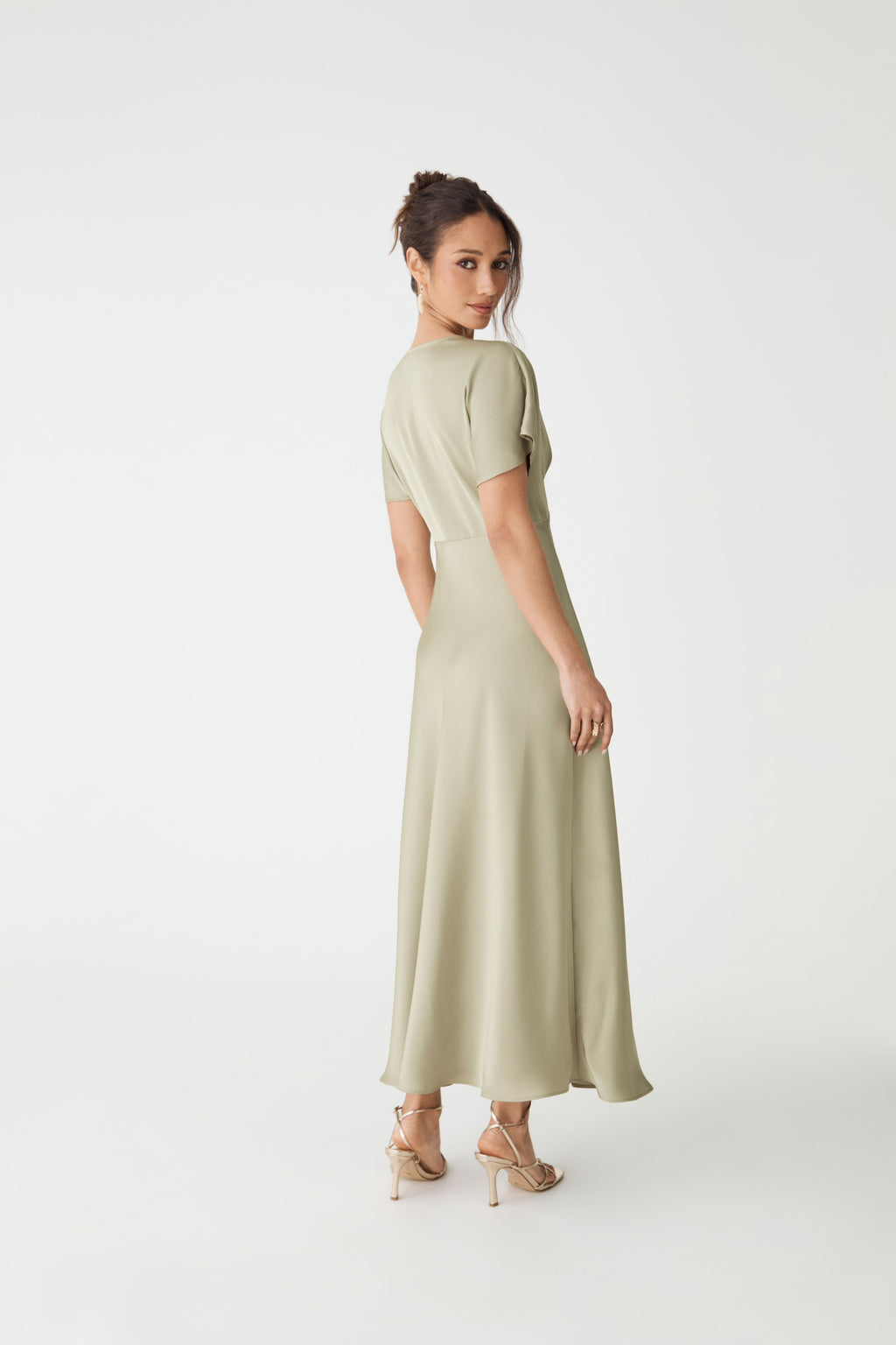 Catalina V-Neck Satin Dress in sage — back view