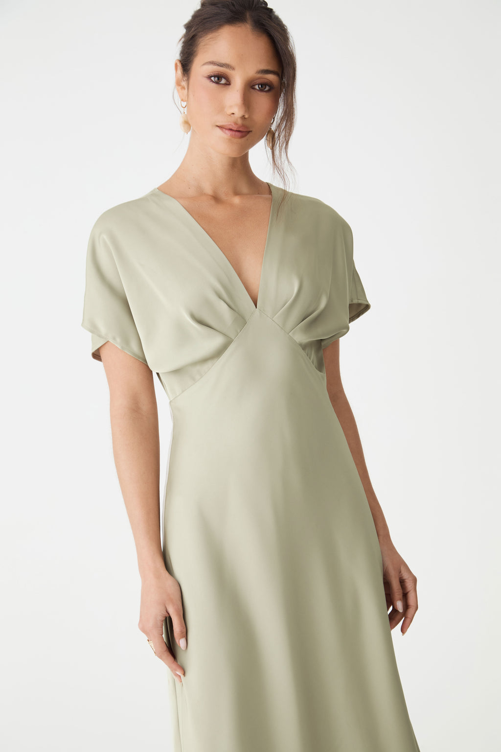 Catalina V-Neck Satin Dress in sage — close-up view