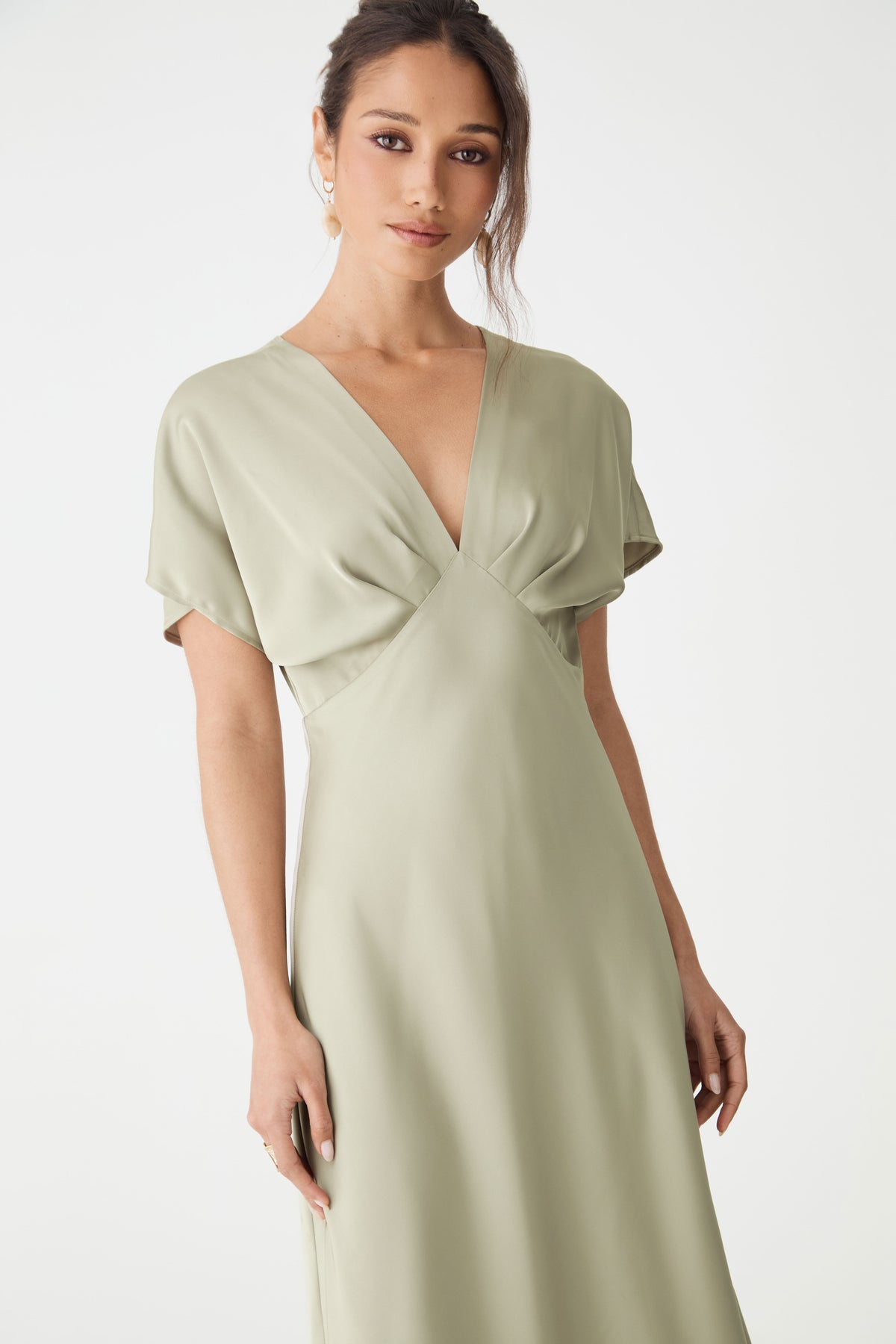 Catalina V-Neck Satin Dress in sage — close-up view