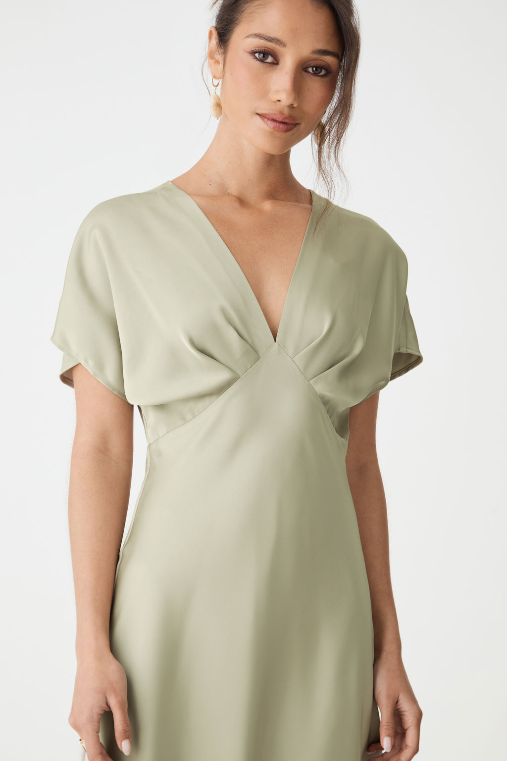 Catalina V-Neck Satin Dress in sage — fabric detail