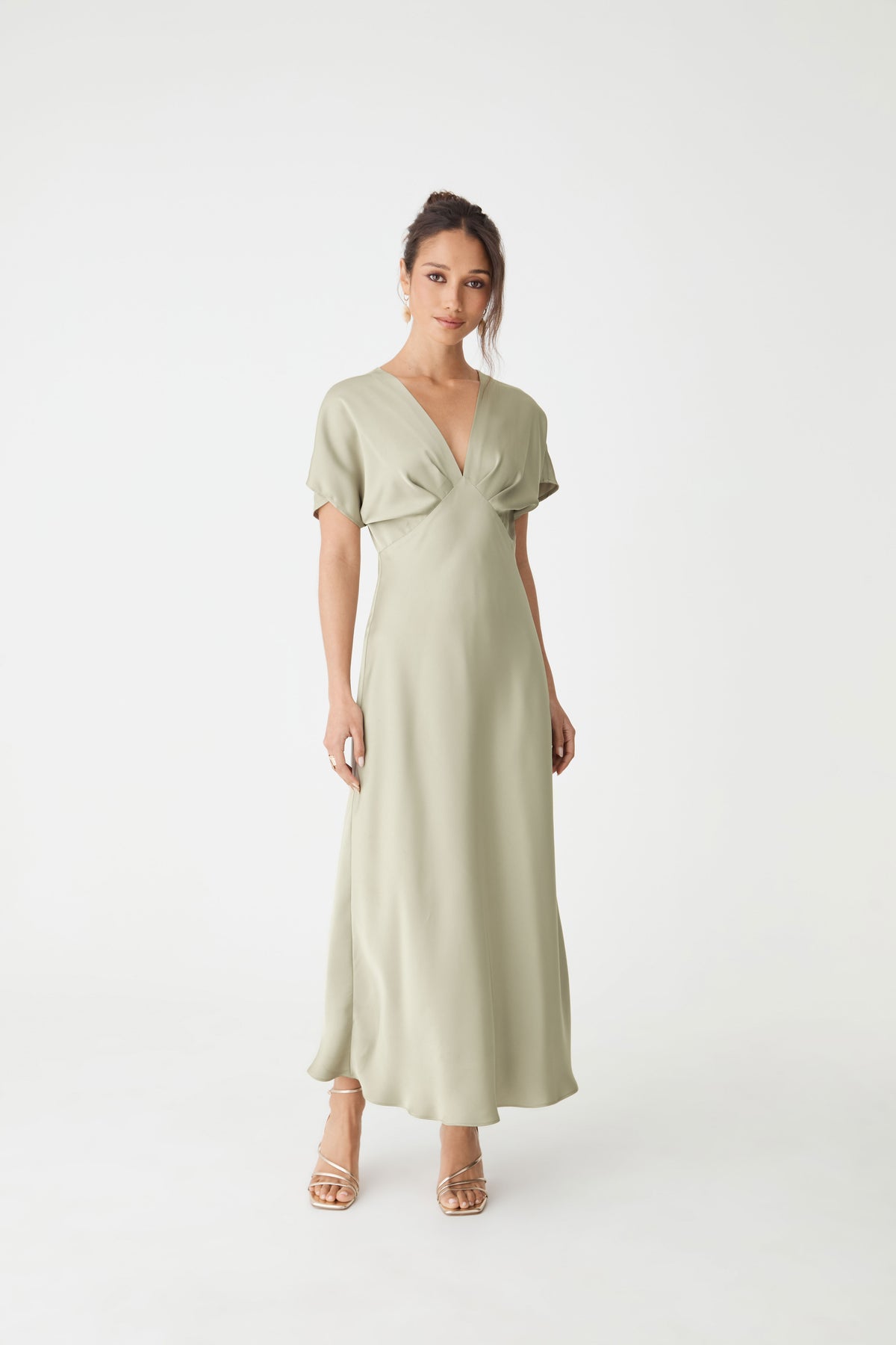 Catalina V-Neck Satin Dress in sage — full-length view