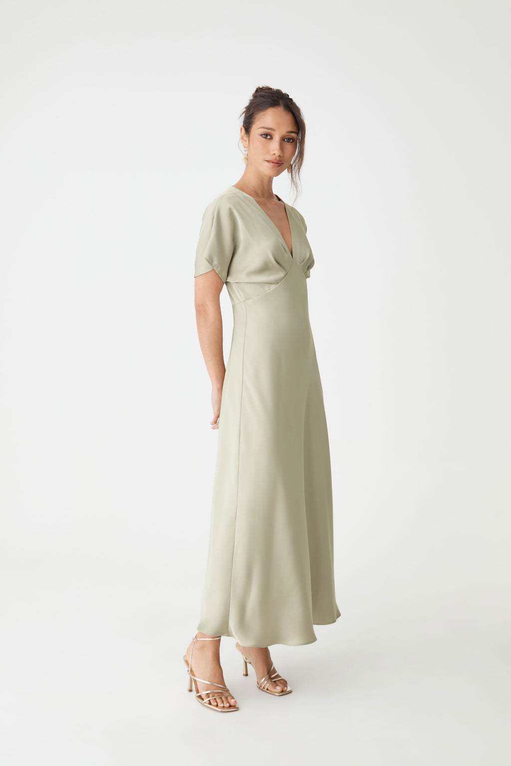 Catalina V-Neck Satin Dress in sage — side view