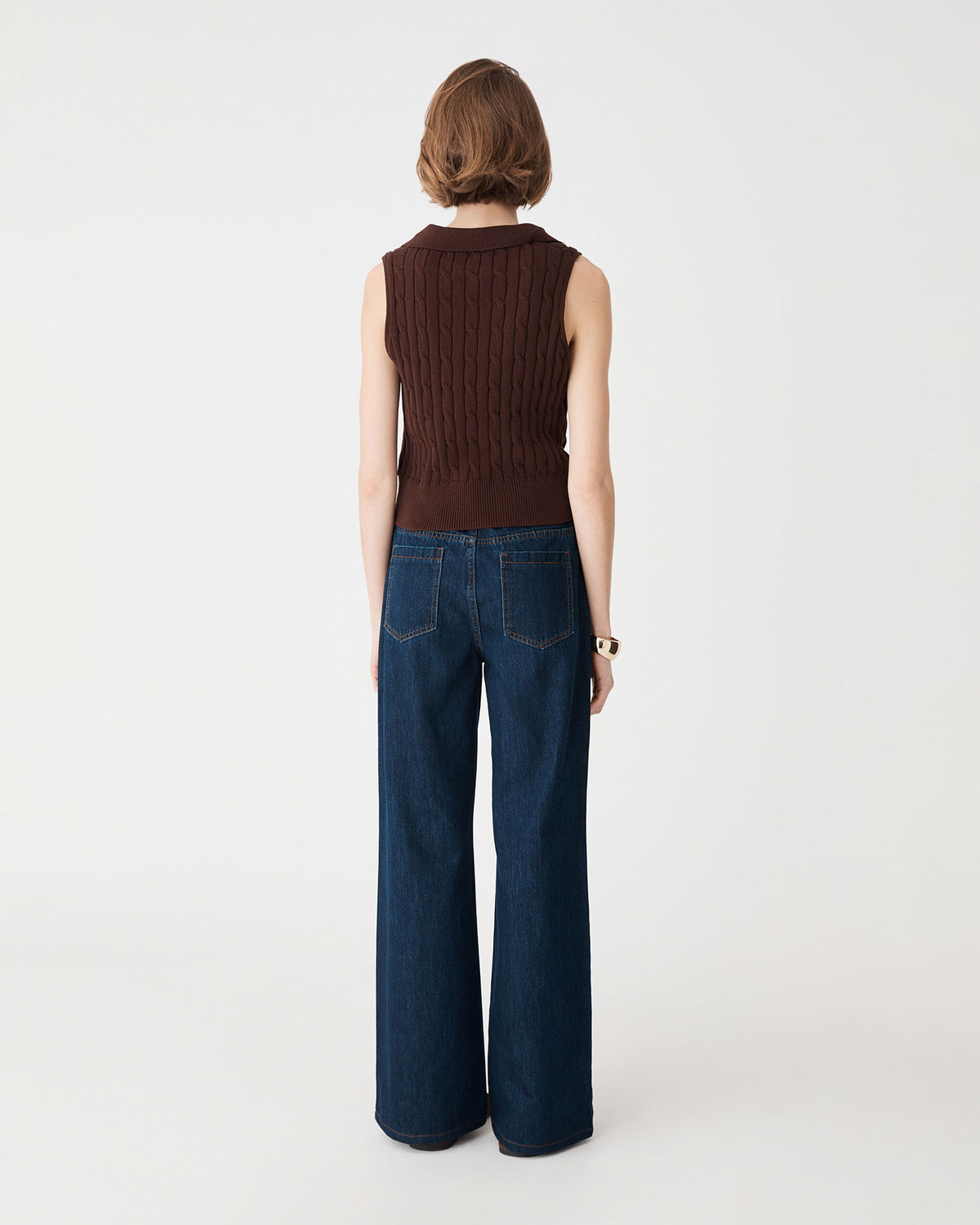 Erin Collared Cable Knit Top in chocolate — view 5