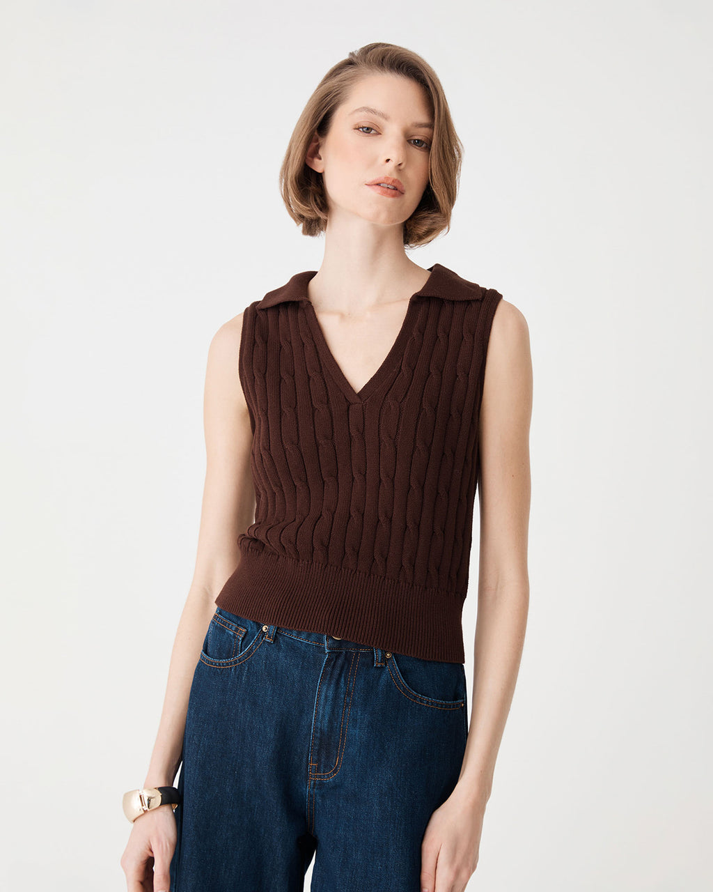 Erin Collared Cable Knit Top — view 1