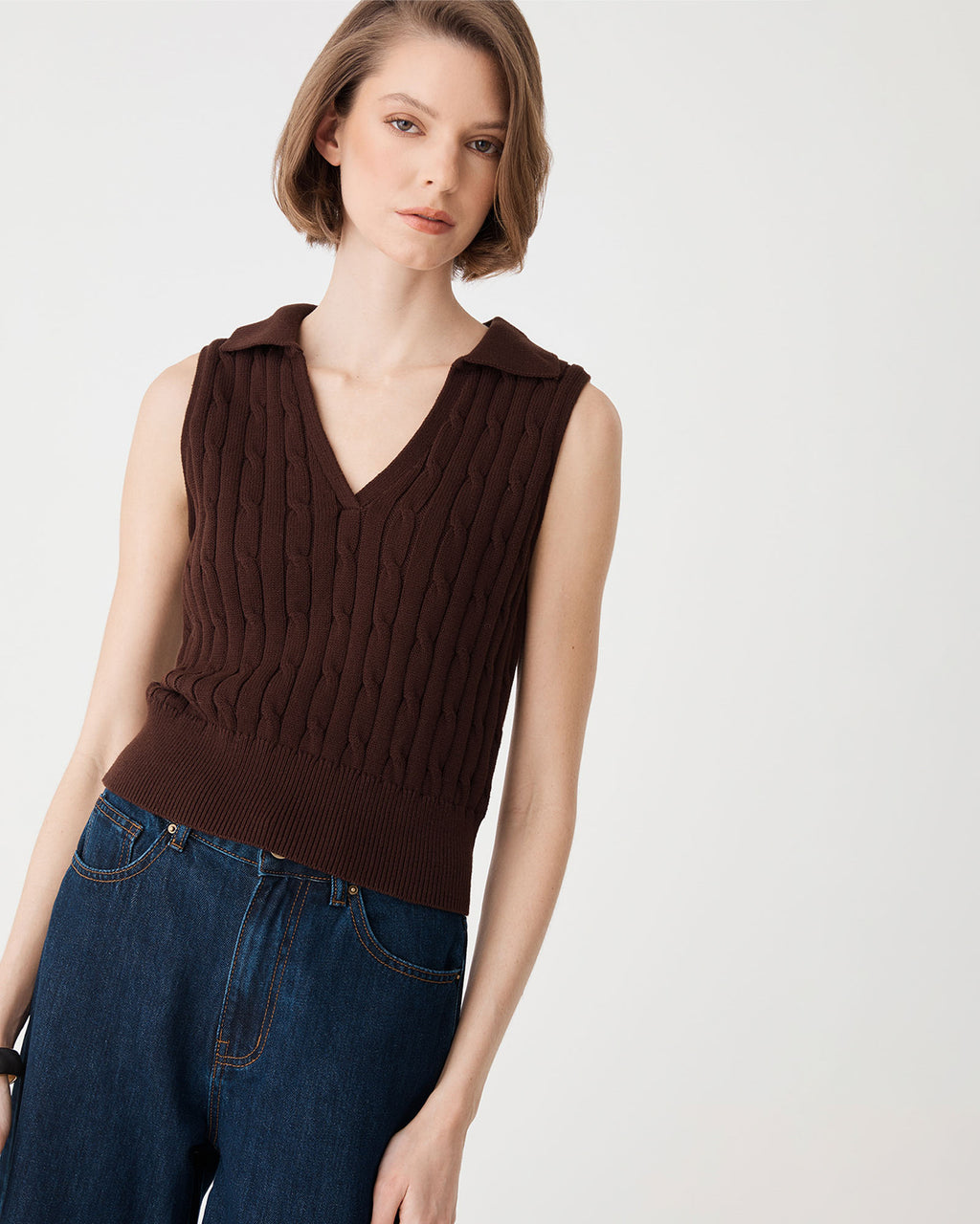 Erin Collared Cable Knit Top in chocolate — view 4