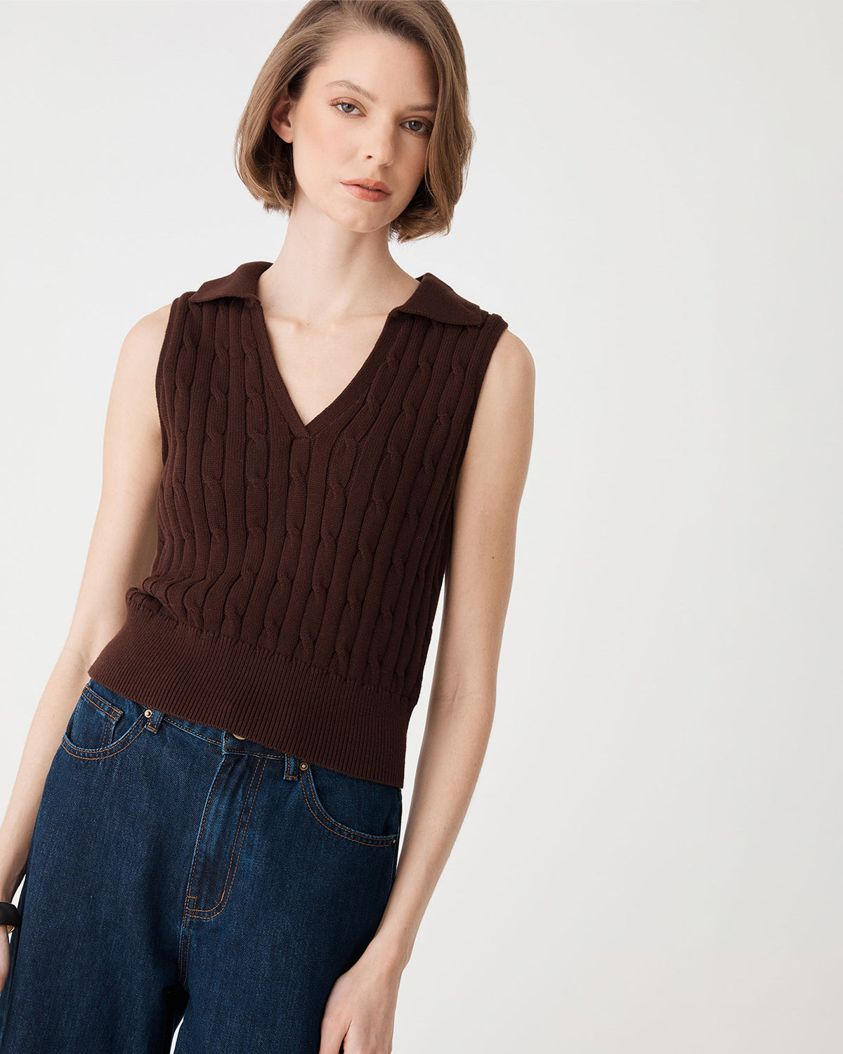 Erin Collared Cable Knit Top in chocolate — view 4