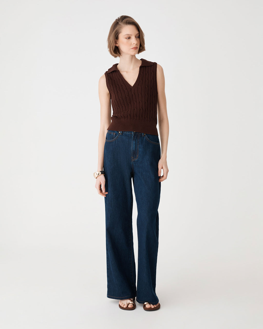 Erin Collared Cable Knit Top in chocolate — view 2
