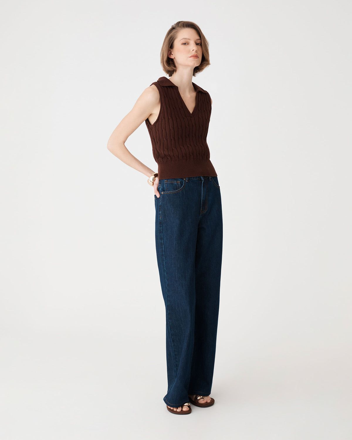 Erin Collared Cable Knit Top in chocolate — view 3