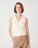 Erin Collared Cable Knit Top in cream — close-up view