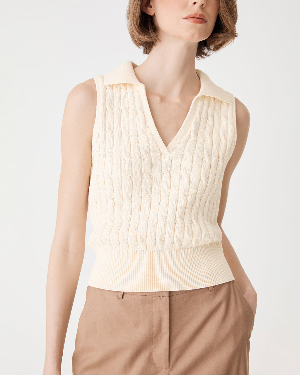Erin Collared Cable Knit Top in cream — fabric detail