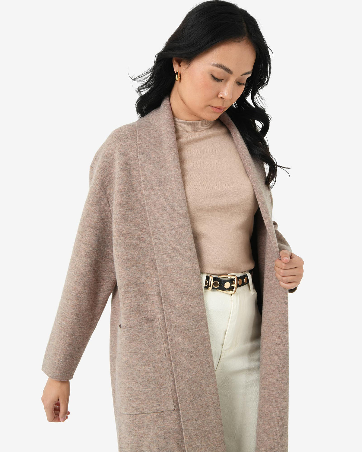 Yara Wool Blend Coatigan in beige — close-up view 2