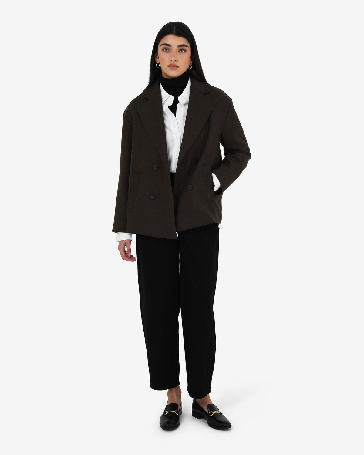 Tamara Cropped Peacoat in ganache — full-length view