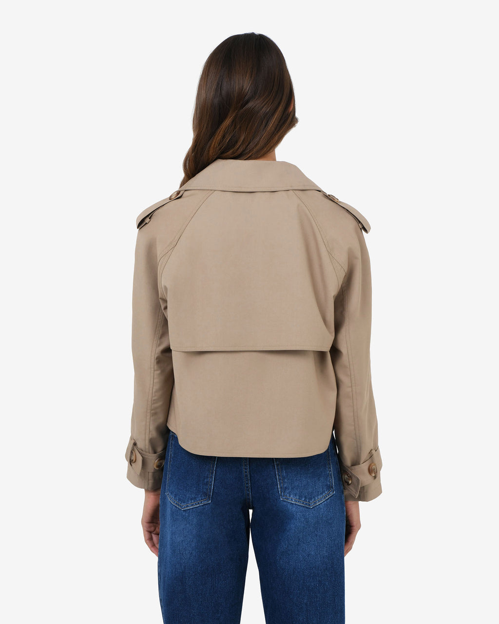 Collins Cropped Trench Coat in beige — back view
