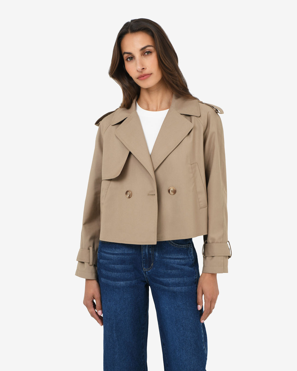 Collins Cropped Trench Coat in beige — close-up view