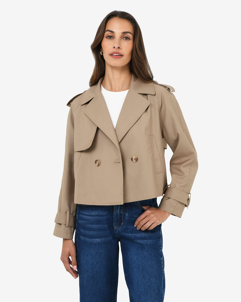 Collins Cropped Trench Coat in beige — close-up view 2