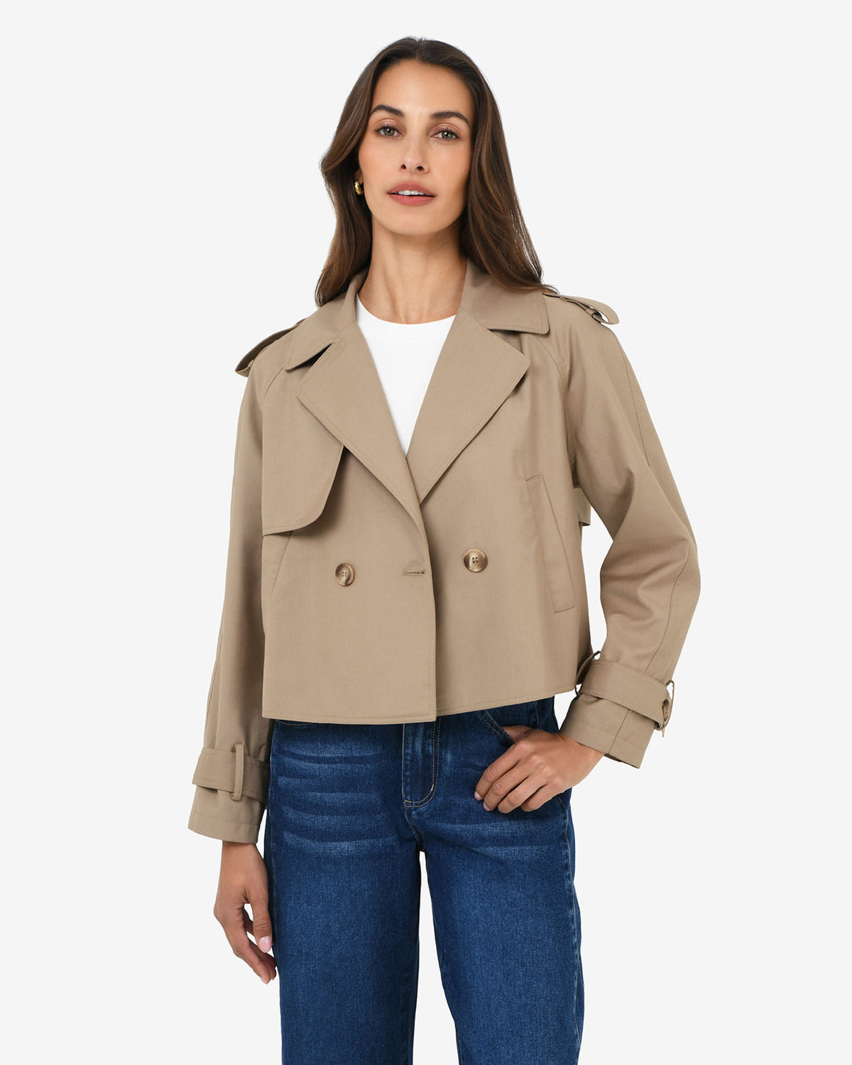 Collins Cropped Trench Coat in beige — close-up view 2