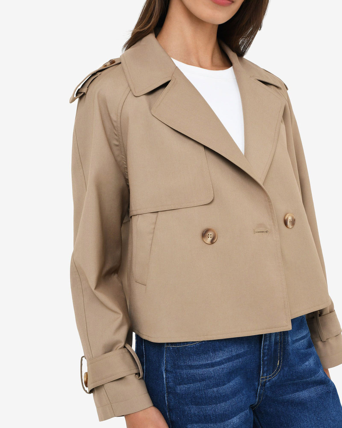 Collins Cropped Trench Coat in beige — side view