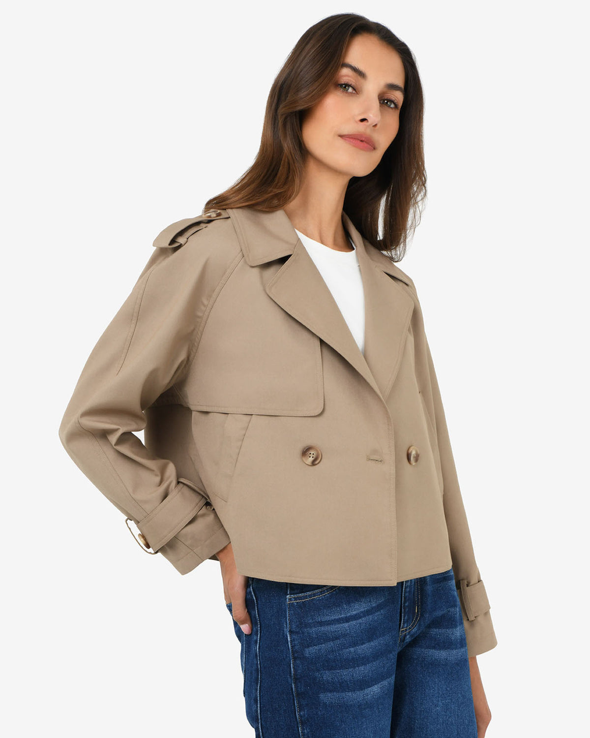 Collins Cropped Trench Coat in beige — side view 2