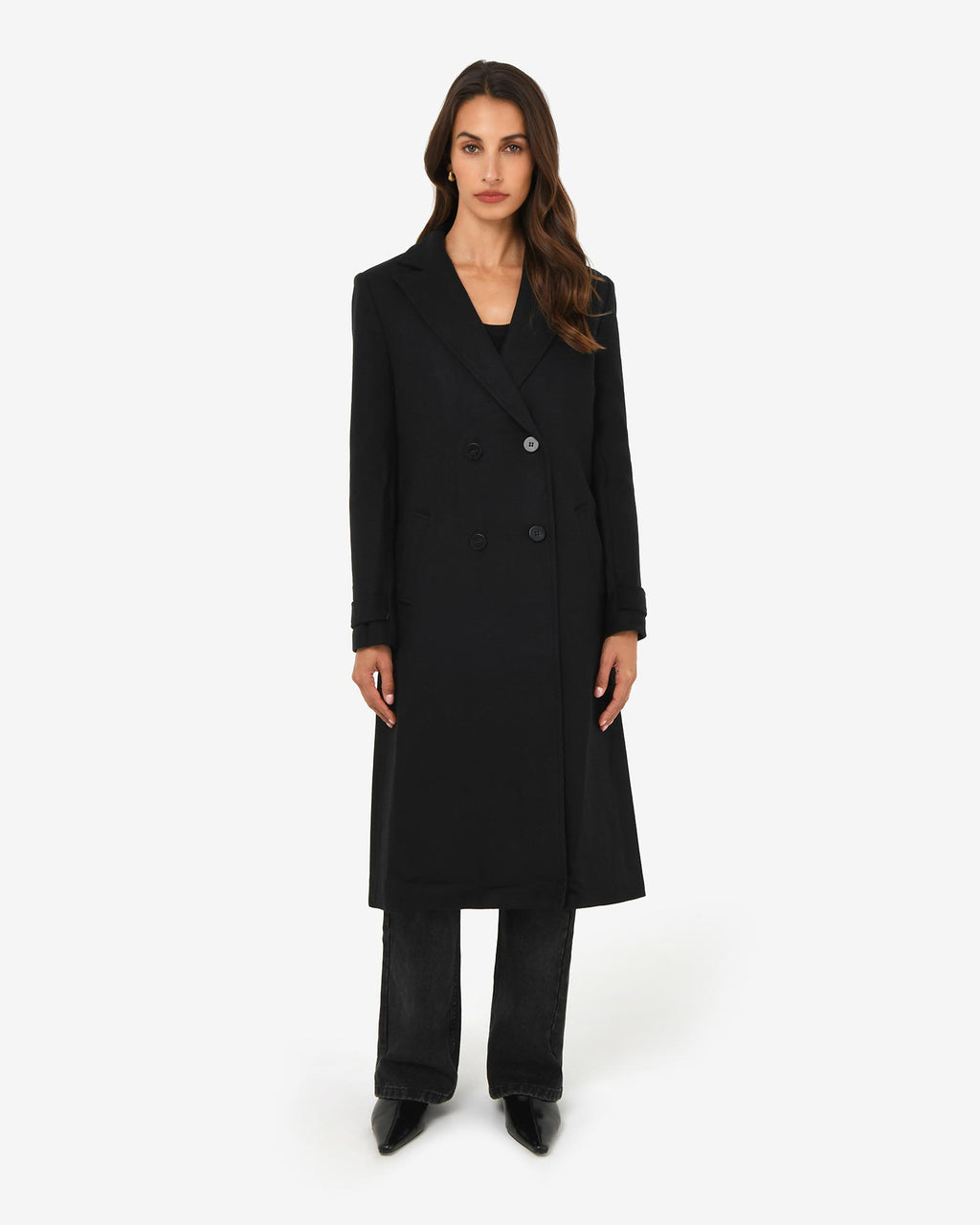 Jacquie Double Breasted Coat in black — full-length view 2