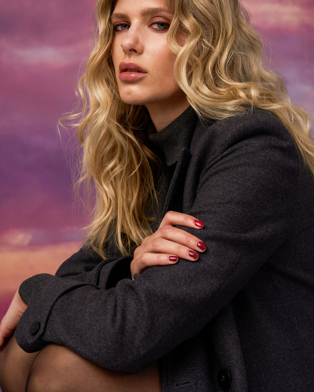 Jacquie Double Breasted Coat in charcoal — fabric detail 2