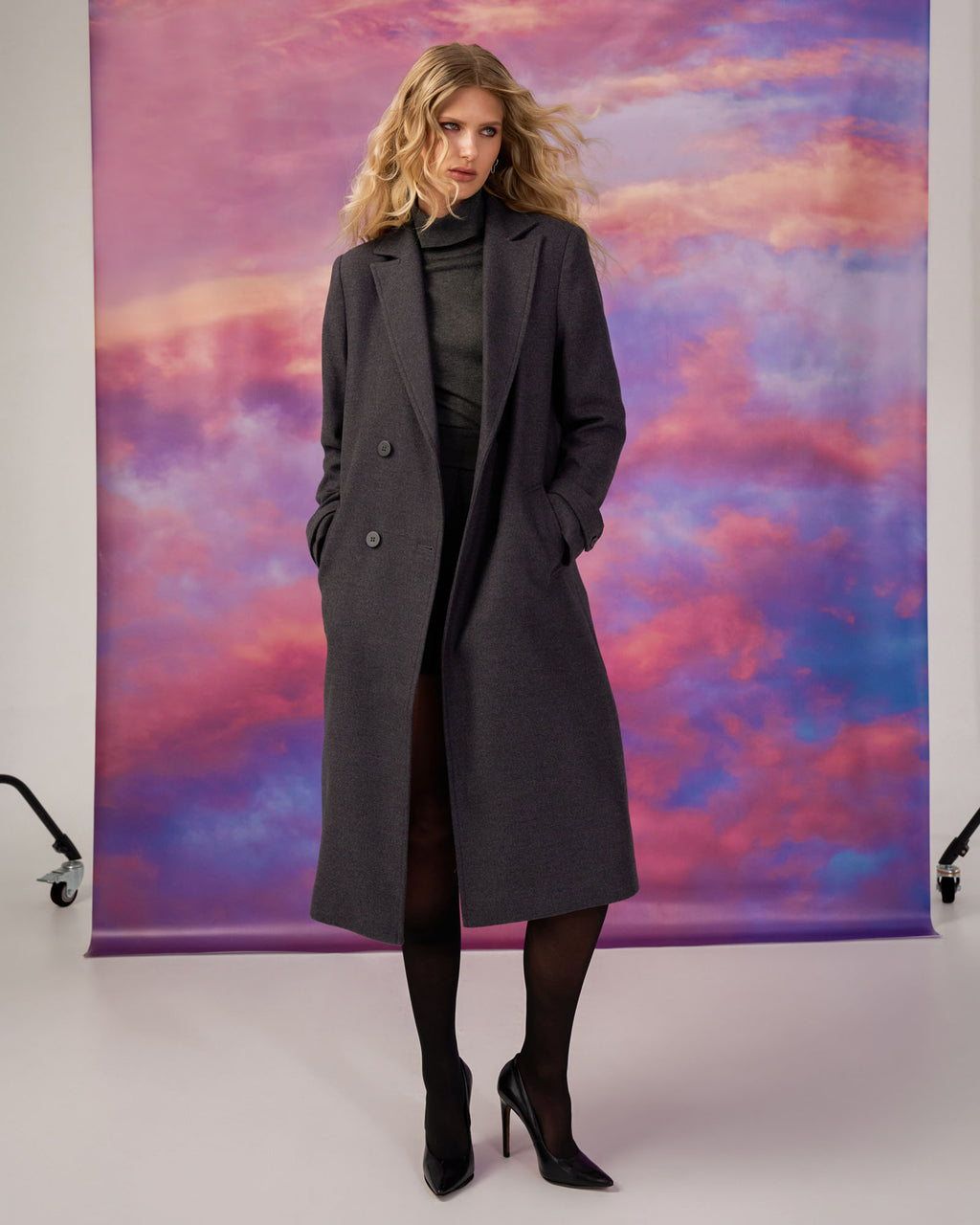 Jacquie Double Breasted Coat in charcoal — full-length view 2