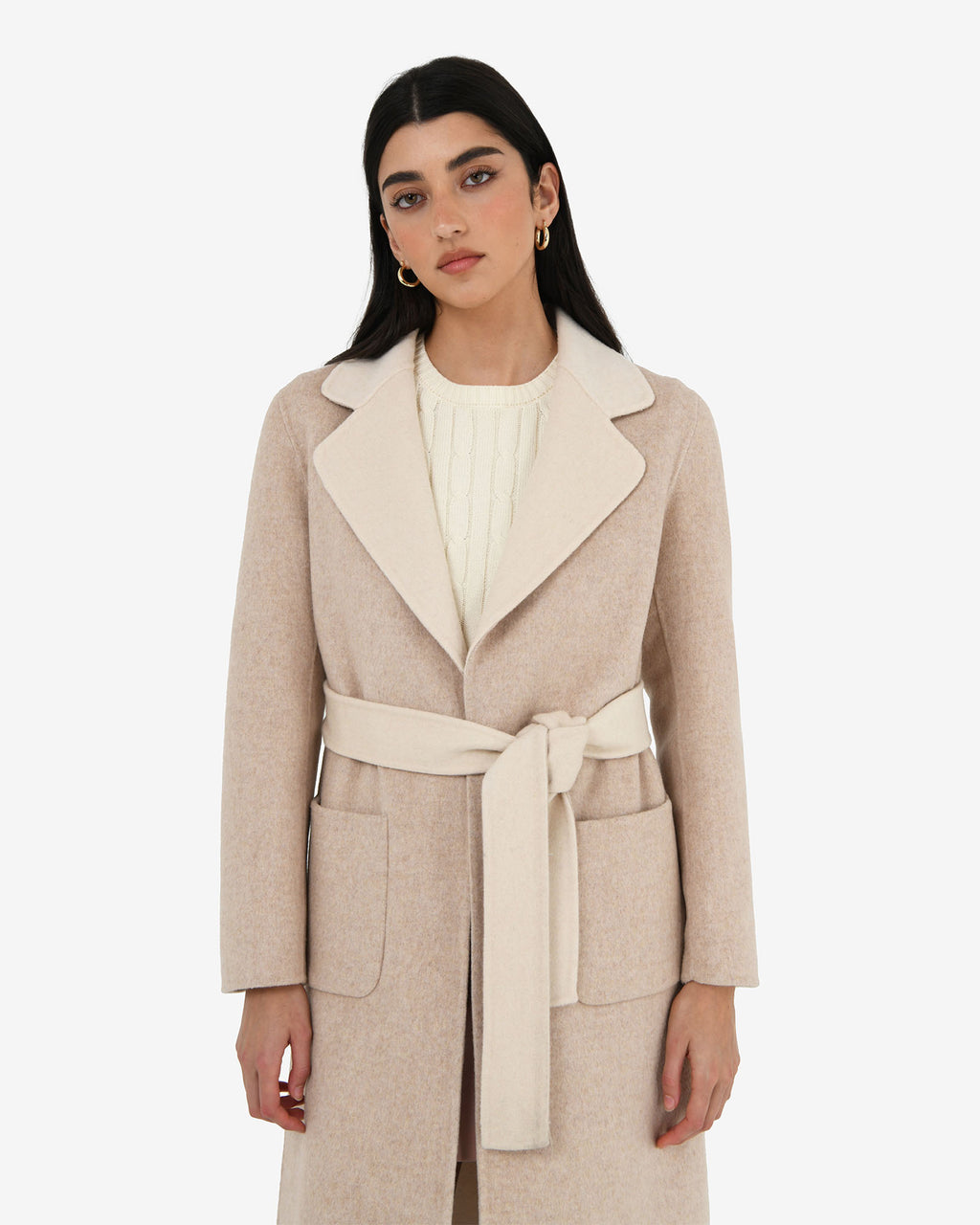 Camille Wool Tie Coat in oat marle — close-up view