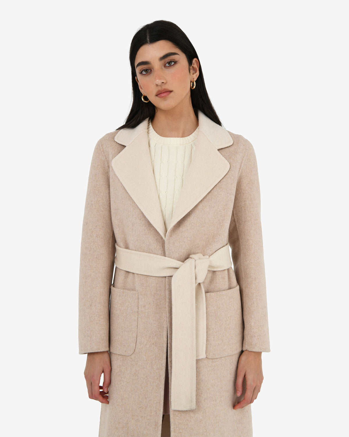 Camille Wool Tie Coat in oat marle — close-up view
