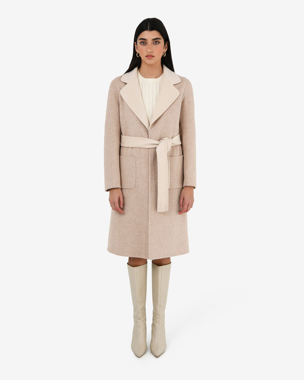 Camille Wool Tie Coat in oat marle — full-length view