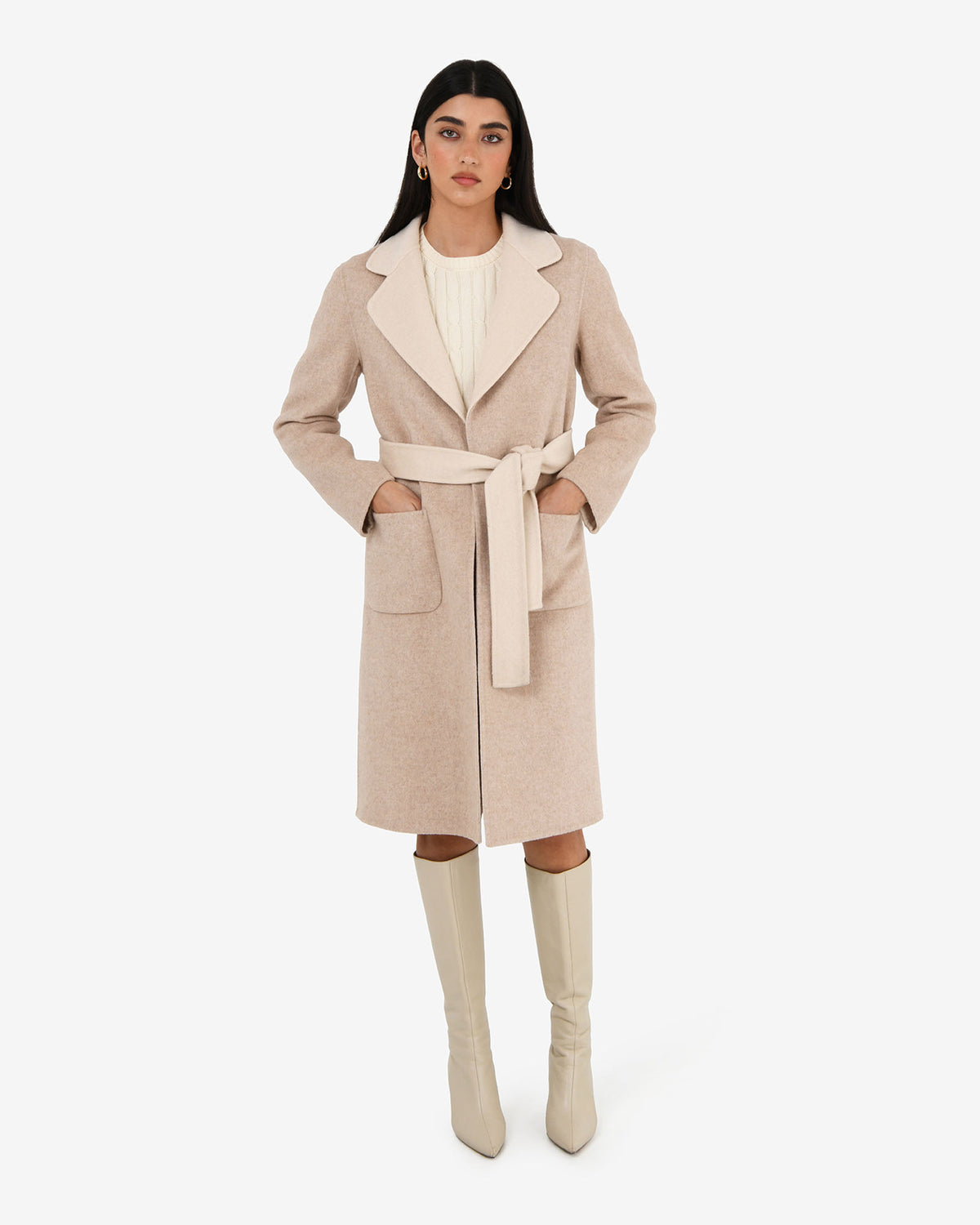 Camille Wool Tie Coat in oat marle — full-length view 2