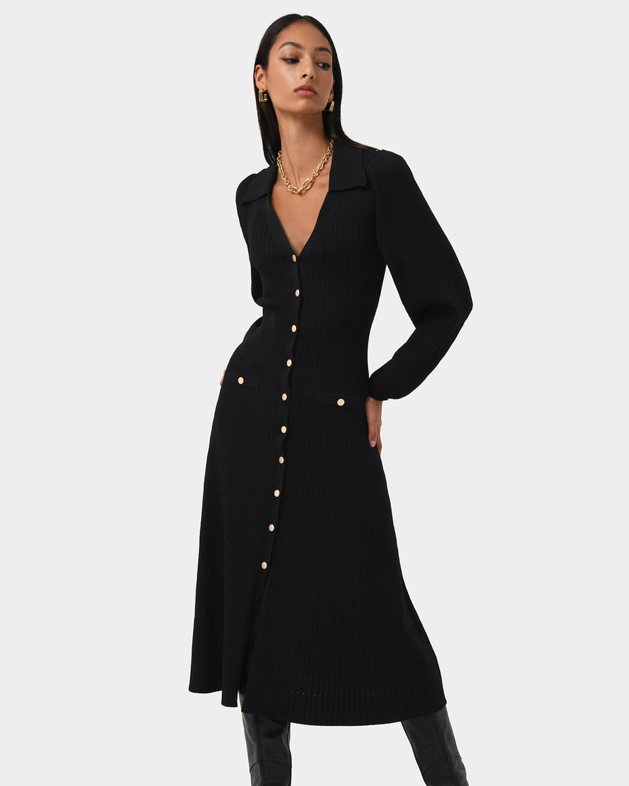 Lara Collar Midi Knit Dress in black — close-up view